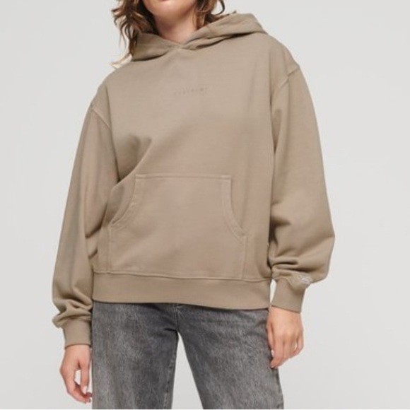 Superdry Micro Logo Embroidered Boxy Hoodie Women’s size 10 Taupe Sweatshirt NEW - Picture 9 of 10